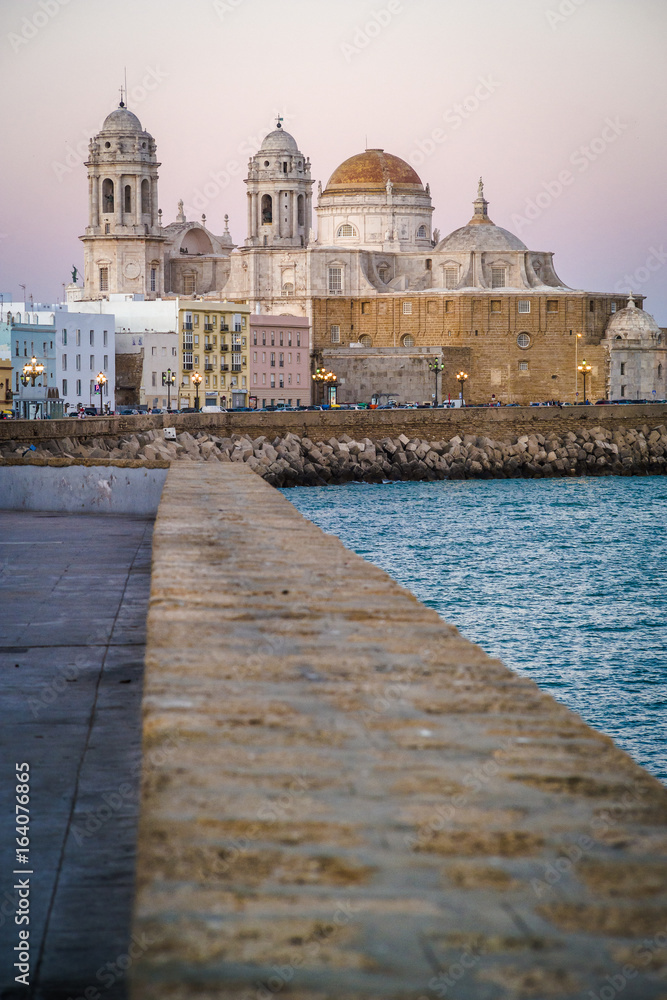 Sunset over the beautiful Cathedral of Cadiz, Andalusia, Spain