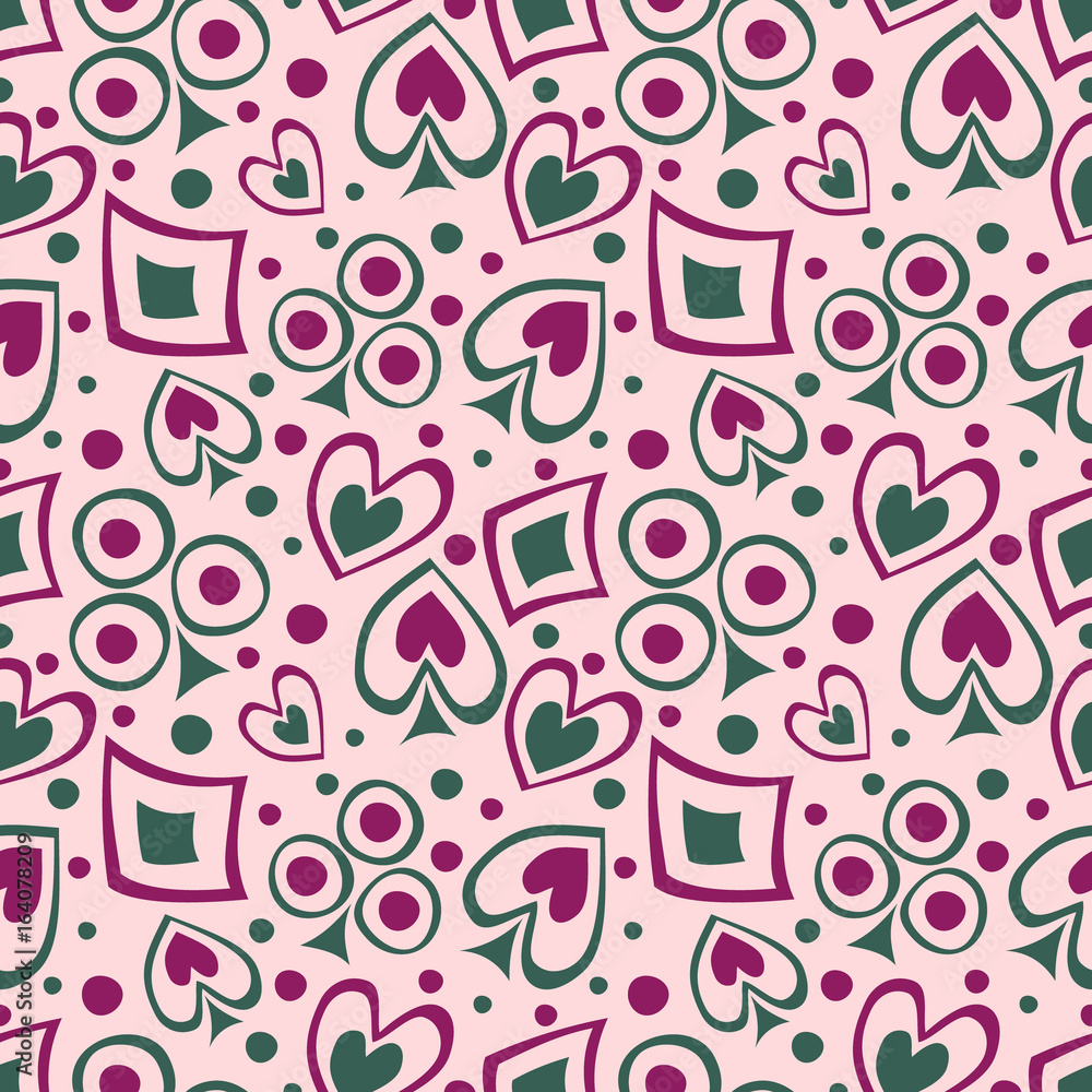 Seamless vector pattern with icons of playings cards. background with hand drawn symbols. Decorative repeat ornament. Series of Gaming and Gambling Seamless vector Patterns. Seamless vector pattern with icons of playings cards. background with hand drawn symbols. Decorative repeat ornament. Series of Gaming and Gambling Seamless vector Patterns.