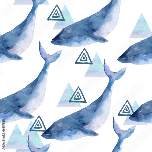 Watercolor seamless pattern with whale  and geometrical marble elements on wh...