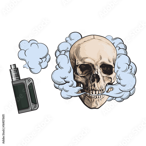 Smoke coming out of fleshless skull and vape, vaping device, sketch style vector illustration isolated on white background. Hand drawn smoking skull and smoke coming out of vaping device