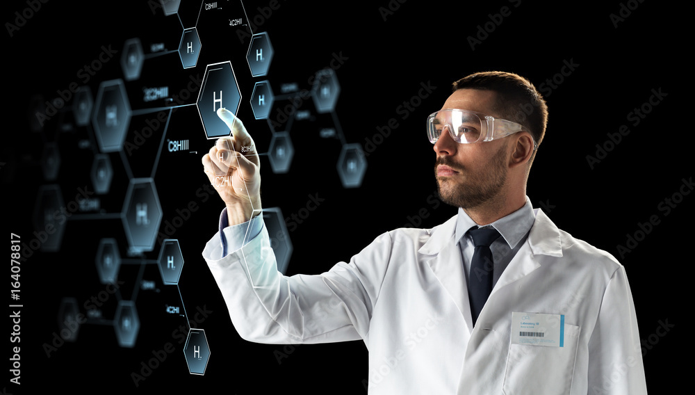 scientist in goggles with chemical formula scientist in goggles with chemical formula