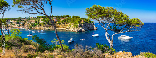 Spain Coastline Scenery Panorama Mediterranean Sea Majorca Island Boats at the Bay of Portals Vells photo