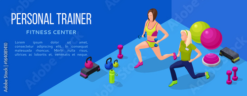 Isometric fitness banner with vector icons of sports equipment, colorful background with dumbells,  platforms, bosu ball or half ball, bottle, set of workout accessories, template for flyer, poster