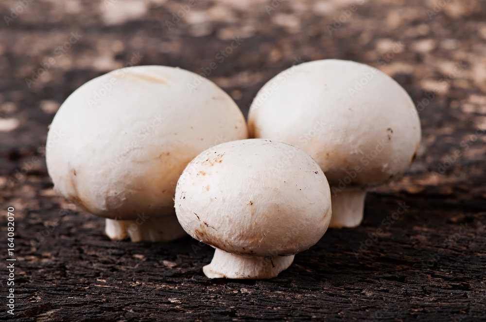 Mushrooms champignons on an old wooden background. Mushrooms champignons on an old wooden background.