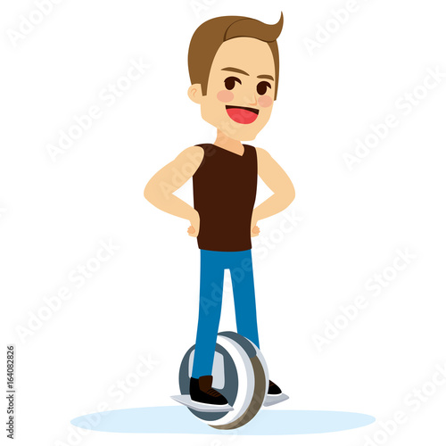 Man with casual clothes riding electric unicycle self balancing electric scooter cartoon character
