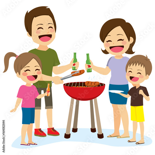 Happy family preparing barbecue enjoying weekend vacation