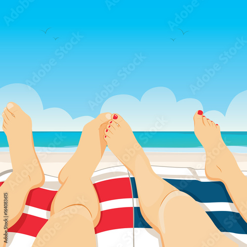 Close up illustration of young couple feet relaxing on towel beach vacation