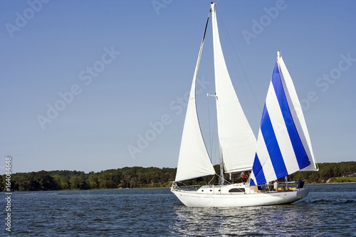Sailboat on water with blue and white sail.