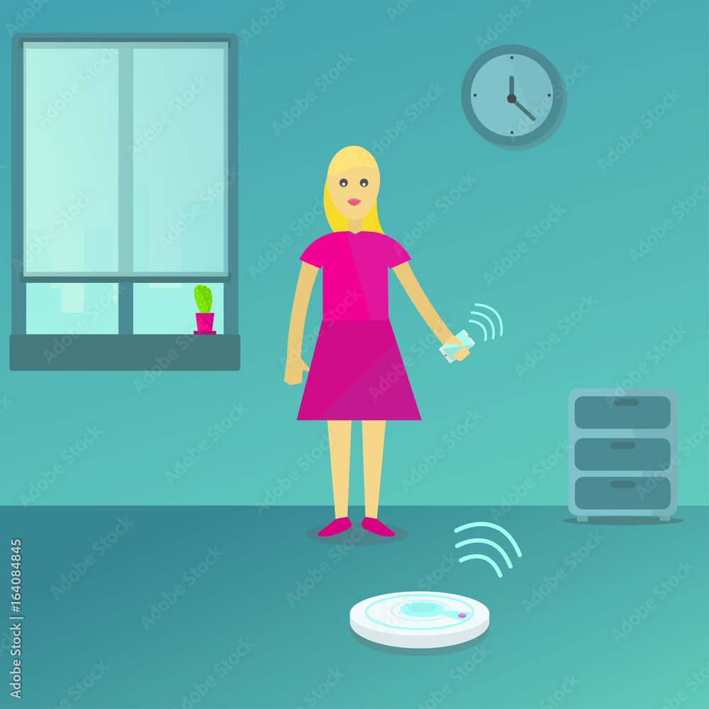 Young woman controlling robot vacuum cleaner with smartphone. Woman holding remote control of robotic vacuum cleaner. People, housework and technology concept illustration vector. Young woman controlling robot vacuum cleaner with smartphone. Woman holding remote control of robotic vacuum cleaner. People, housework and technology concept illustration vector.