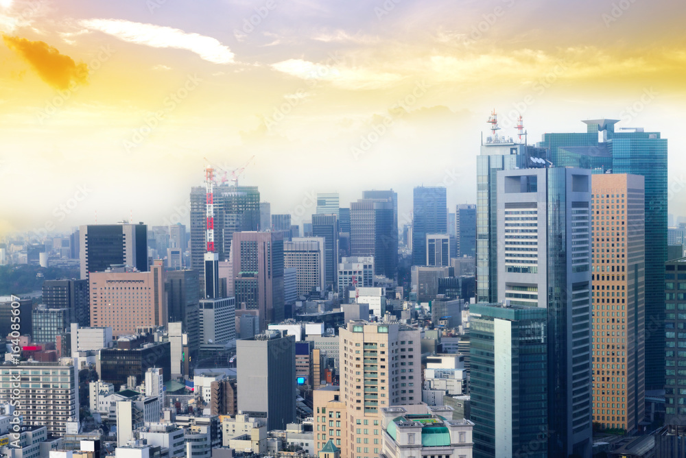 Cityscape of Tokyo city, japan. Aerial skyscraper view of office building and downtown of tokyo with sunset/ sun rise background. Tokyo is metropolis and center of new world's modern business