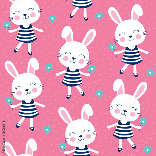 seamless bunny rabbit with flowers pattern vector illustration