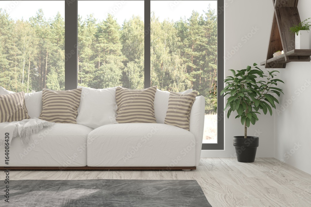 White room with sofa and green landscape in window. Scandinavian interior design. 3D illustration White room with sofa and green landscape in window. Scandinavian interior design. 3D illustration