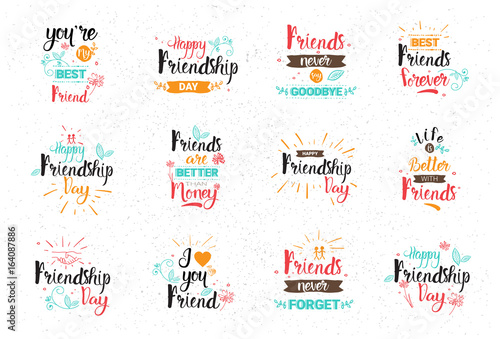 Happy Friendship Day Logo Set Greeting Cards Collection Friends Holiday Banner Vector Illustration