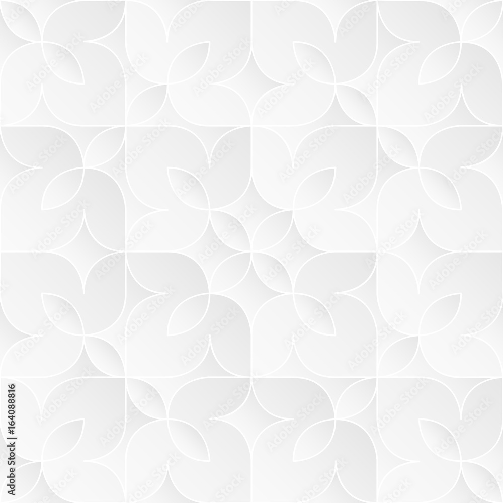 Neutral white texture. Decorative floral background with 3d tessellated paper effect. Vector seamless repeating pattern.