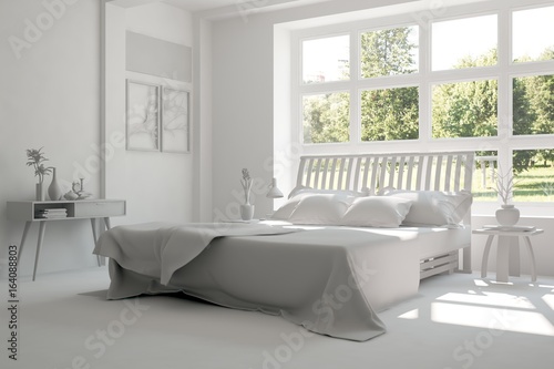 White modern bedroom with green landscape in window. Scandinavian interior design. 3D illustration