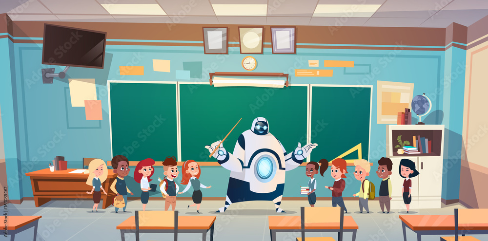 School Children Group With Robot Teacher In Classroom Over Green Board Flat Vector Illustration