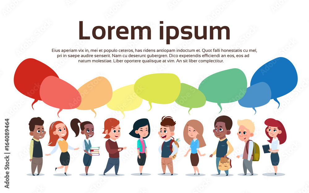 Fototapeta premium Group Of Mix Race School Kids, Happy Smiling Schoolchildren Diverse Flat Vector Illustration