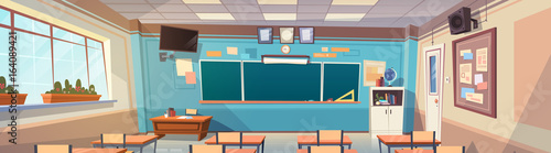 Empty School Class Room Interior Board Desk Horizontal Banner Flat Vector Illustration
