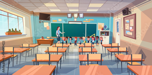 School Children Group With Teacher In Classroom Over Green Board Flat Vector Illustration