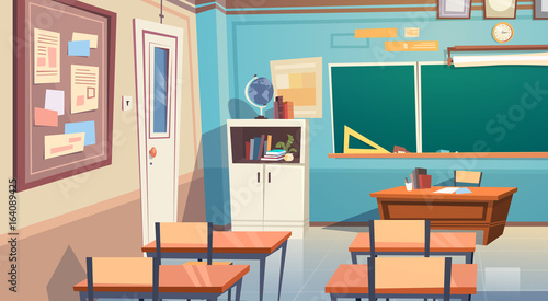 Empty School Class Room Interior Board Desk Flat Vector Illustration