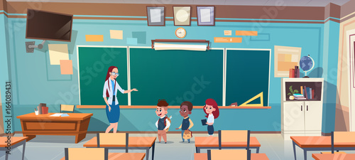 School Children Group With Teacher In Classroom Over Green Board Flat Vector Illustration