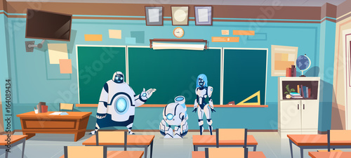 Group Of Robots Teachers In School Classroom Over Green Board Modern Teachig Technology Flat Vector Illustration