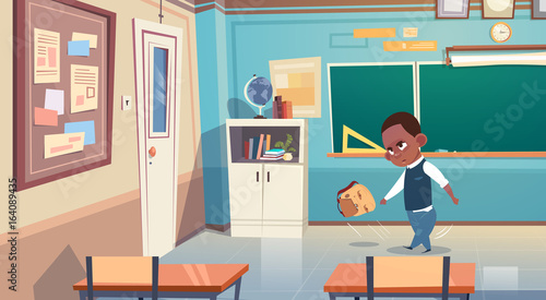Small School Boy In ClassRoom, African American Elementary Class Student Flat Vector Illustration