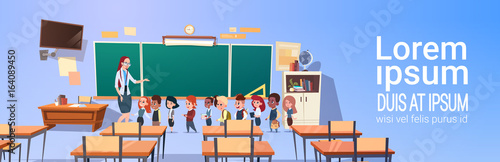 School Children Group With Teacher In Classroom Over Green Board Flat Vector Illustration