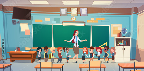 School Children Group With Teacher In Classroom Over Green Board Flat Vector Illustration
