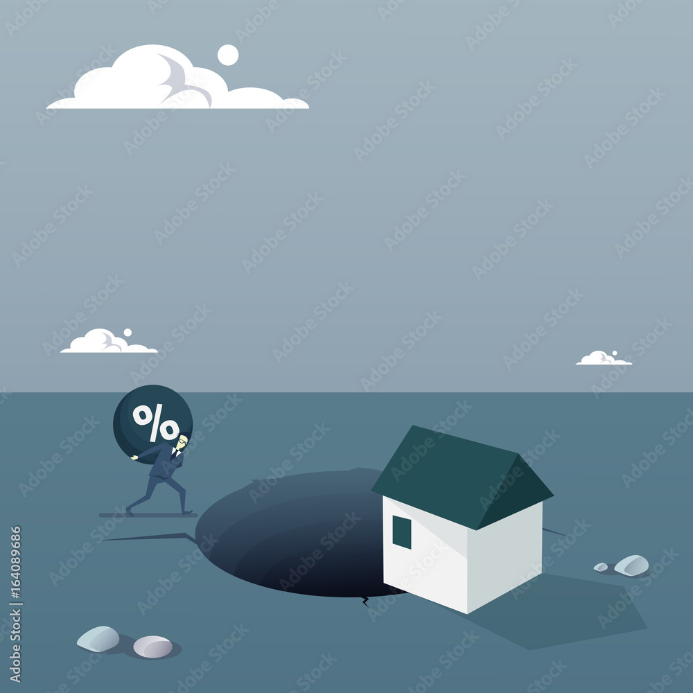 Naklejka premium Business Man Chain Bound Paying Credit Debt For House Finance Crisis Concept Flat Vector Illustration