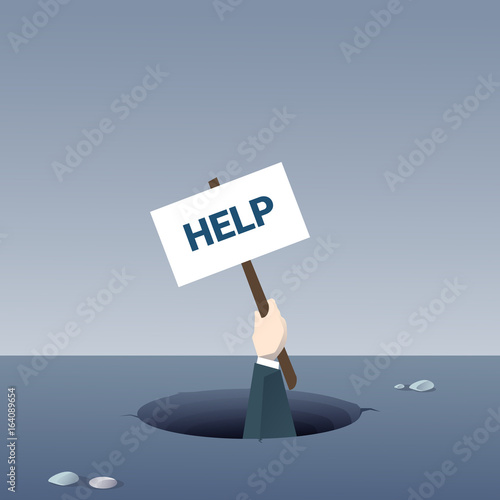 Business Hand Hold Placard Help From Hole Businessman Fail Bankruptcy Crisis Concept Flat Vector Illustration