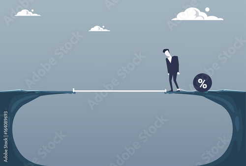 Business Man Chain Bound Legs Walking Over Cliff Gap Credit Debt Finance Crisis Concept Flat Vector Illustration