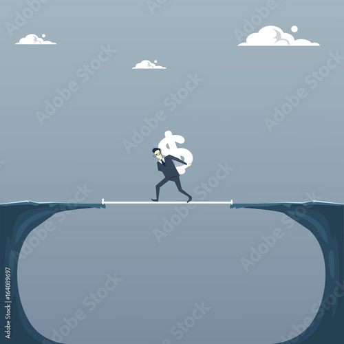 Business Man Walking Over Cliff Gap Carrying Dollar Sign Credit Debt Finance Crisis Concept Flat Vector Illustration
