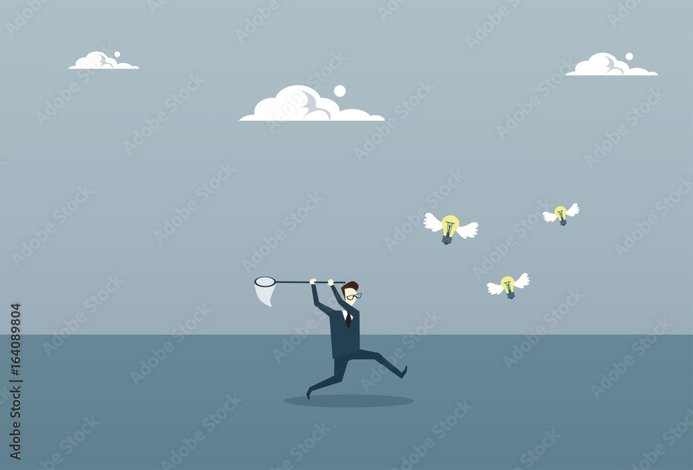 Business Man Catching Light Bulbs With Butterfly Net New Ideas Inspiration Concept Flat Vector Illustration Business Man Catching Light Bulbs With Butterfly Net New Ideas Inspiration Concept Flat Vector Illustration