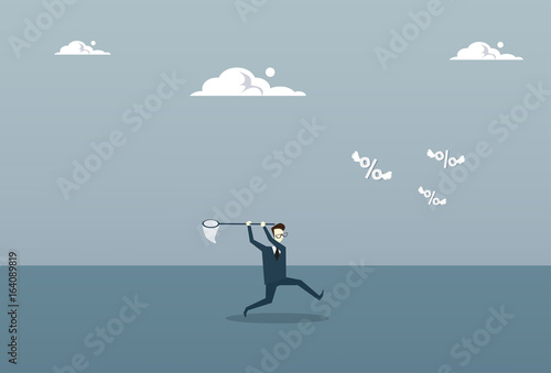 Business Man Catching Percents With Butterfly Net Finance Debt Crisis Concept Flat Vector Illustration