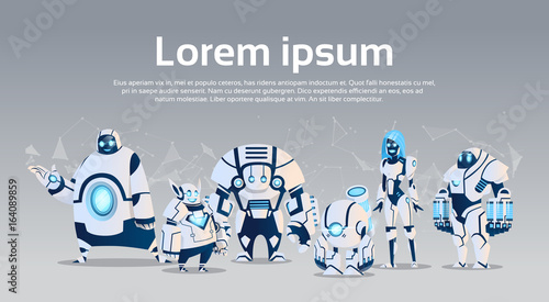 Modern Robots Group Artificial Intelligence Technology Flat Vector Illustration