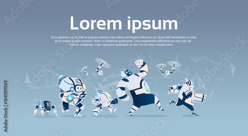 Modern Robots Group Artificial Intelligence Technology Flat Vector Illustration