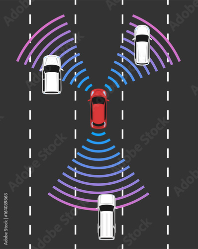 Autonomous car top view. Self driving vehicle with radar sensing system. Driverless automobile on road. Vector illustration.
