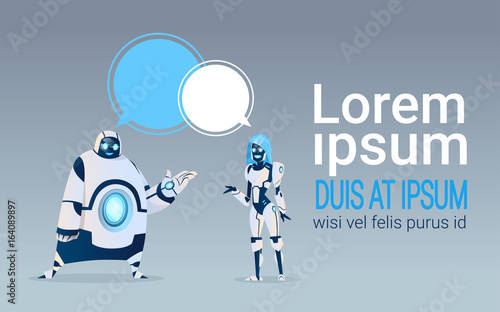 Modern Robots With Chat Bubbles Artificial Intelligence Technology Flat Vector Illustration © mast3r