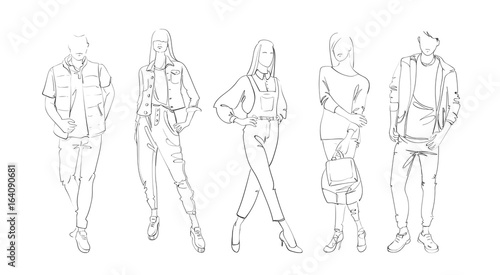 Fashion Collection Of Clothes Set Of Models Wearing Trendy Clothing Sketch Vector Illustration