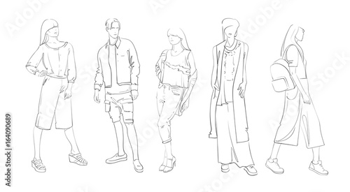 Fashion Collection Of Clothes Set Of Models Wearing Trendy Clothing Sketch Vector Illustration