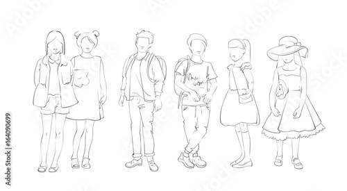 Fashion Collection Of Clothes Set Of Models Wearing Trendy Clothing Sketch Vector Illustration