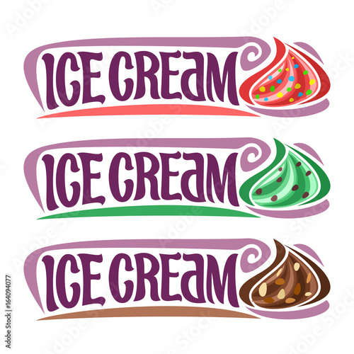 Vector set labels for Ice Cream: 3 vintage stickers for red gelato with sprinkles, green mint chocolate chip, rocky road soft serve ice cream, lettering text - ice cream for frozen whipped dessert.
