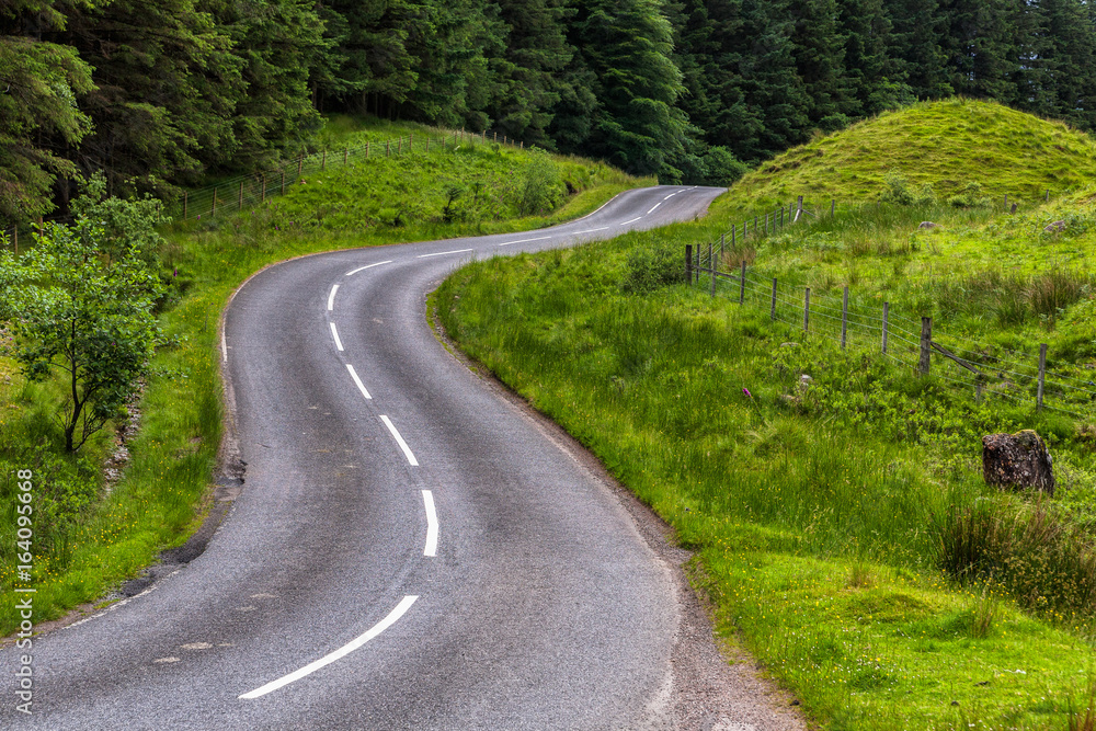 Curves on road in Scottish countryside