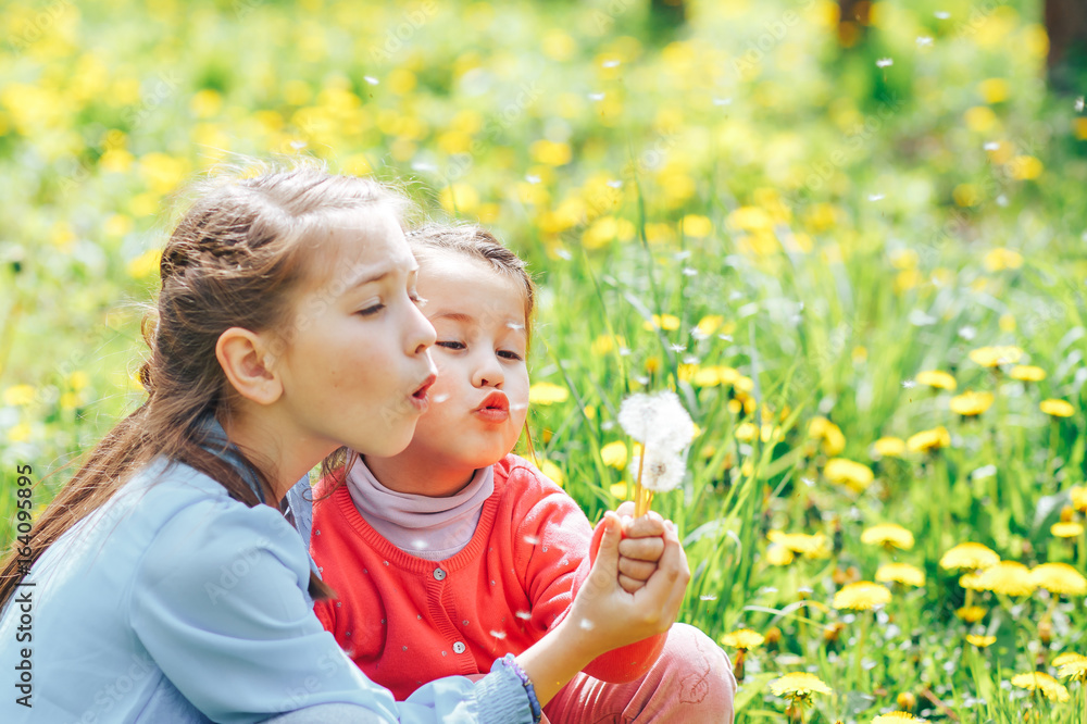 Two cute sisters blow out ripe dandelions Two cute sisters blow out ripe dandelions