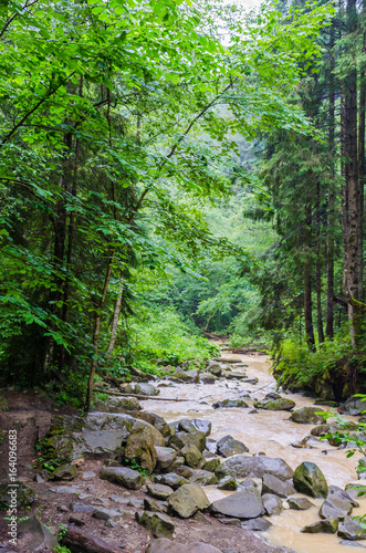 background landscape with waterfall in Yaremche vilage in Ukraine