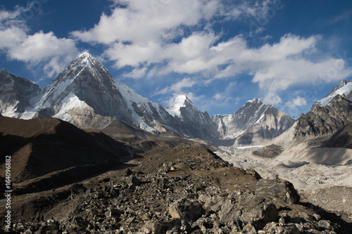 View of Pumori and the Himalayas from above Lobuche, Nepal
