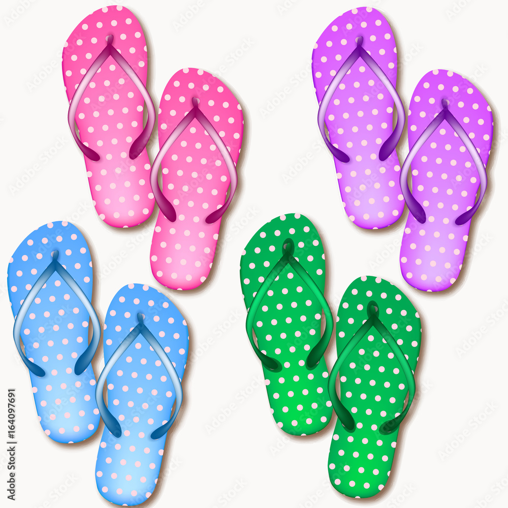 Set of realistic beach slippers on a white background. Isolated Vector Illustration 3d