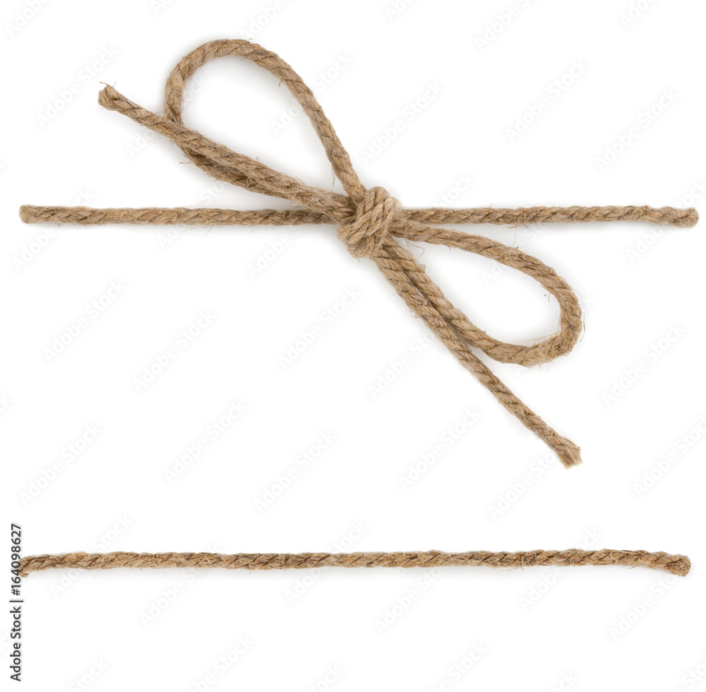 Rope with knot, bow knot, isolated on white background.