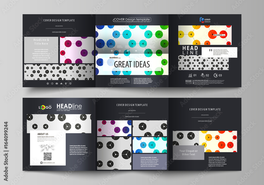 Business templates for tri fold square brochures. Leaflet cover, abstract vector layout. Chemistry pattern, hexagonal design molecule structure, medical DNA research. Geometric colorful background. Business templates for tri fold square brochures. Leaflet cover, abstract vector layout. Chemistry pattern, hexagonal design molecule structure, medical DNA research. Geometric colorful background.